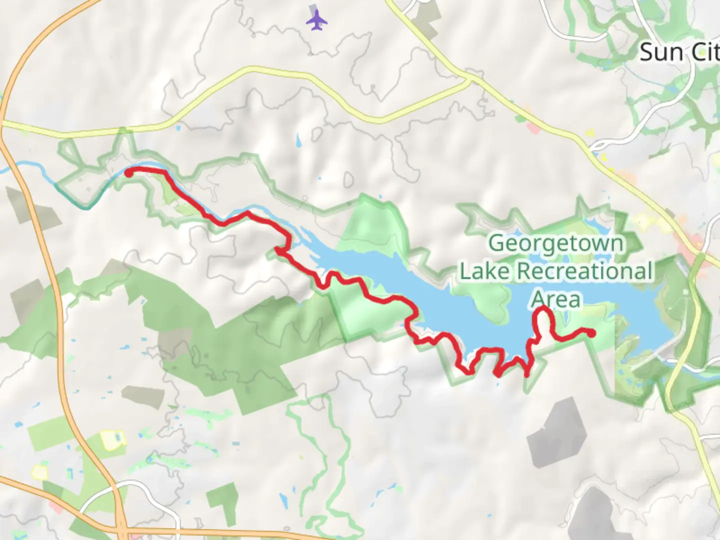 An image depicting the trail Sam Gabriel River and Good Water Trail and its surrounding area.