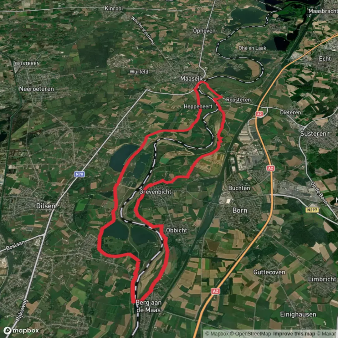 An image depicting the trail Negenooord West and Bichterweerd via Pelgrimspad and Maaseiker Weg and its surrounding area.