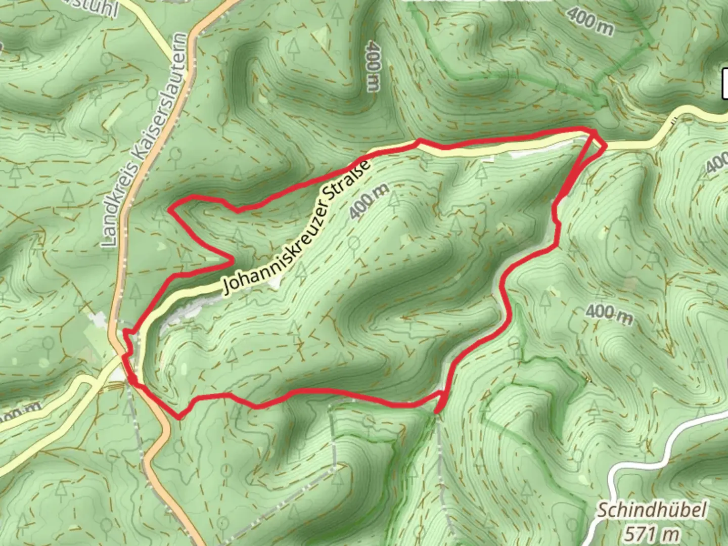 An image depicting the trail Jakobsweg Speyer and Pfaelzerwald Gruen-Gelbes Kreuz and its surrounding area.