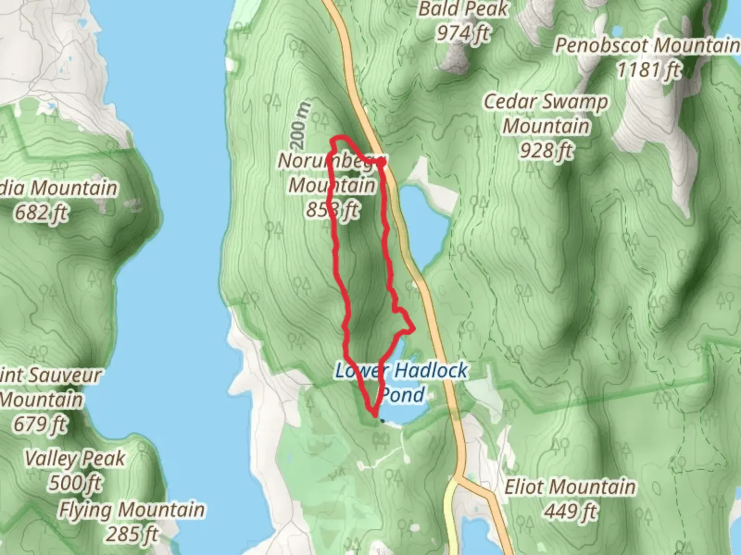 An image depicting the trail Norumbega Mountain Lower Hadlock Pond Loop and its surrounding area.