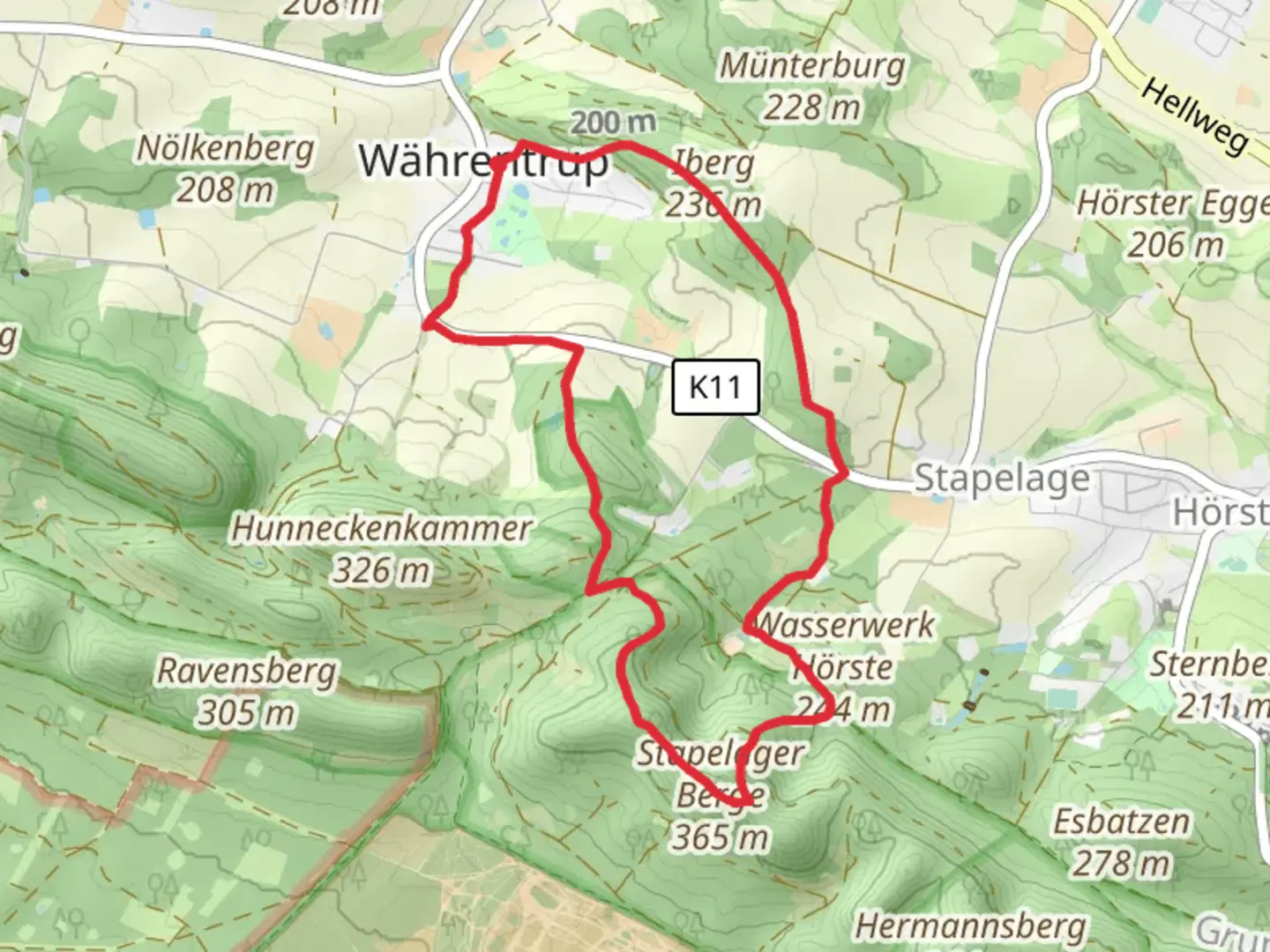 An image depicting the trail Währentrup and Stapelager Berge Loop and its surrounding area.