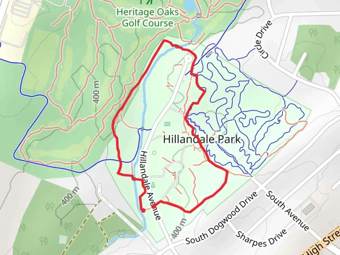 An image depicting the trail Hillandale Park Loop Trail and its surrounding area.
