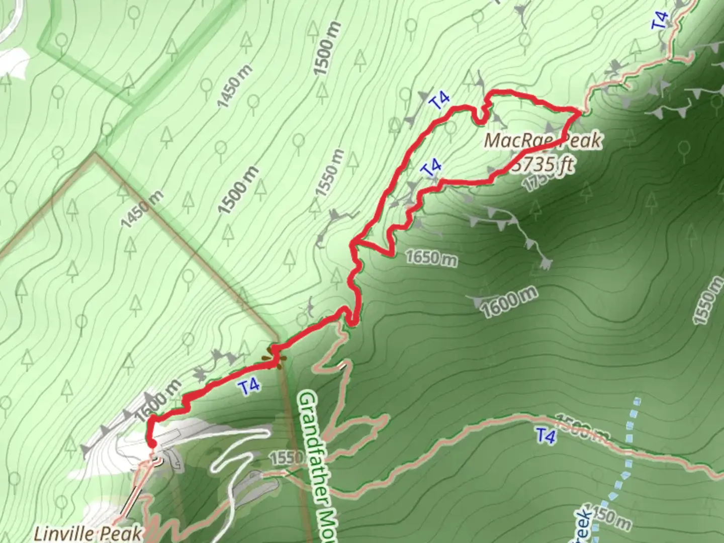 An image depicting the trail MacRae Peak via Grandfather Trail and its surrounding area.