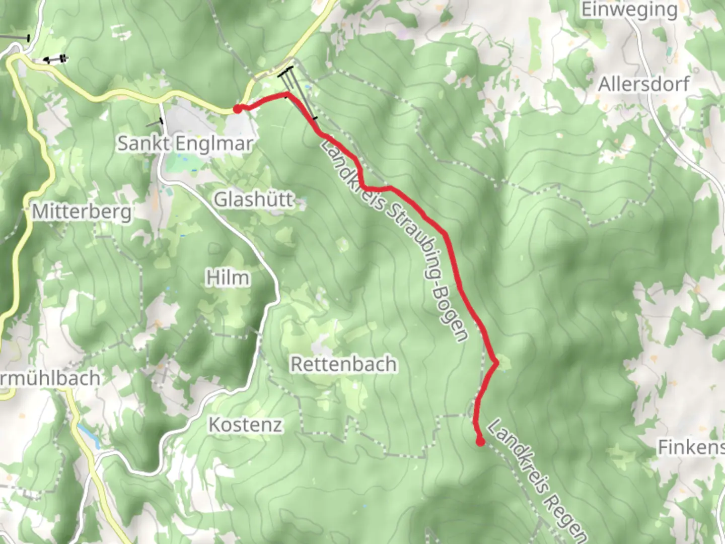 An image depicting the trail Viechtacher Strasse to Hirschenstein via Mail Donau Weg and its surrounding area.