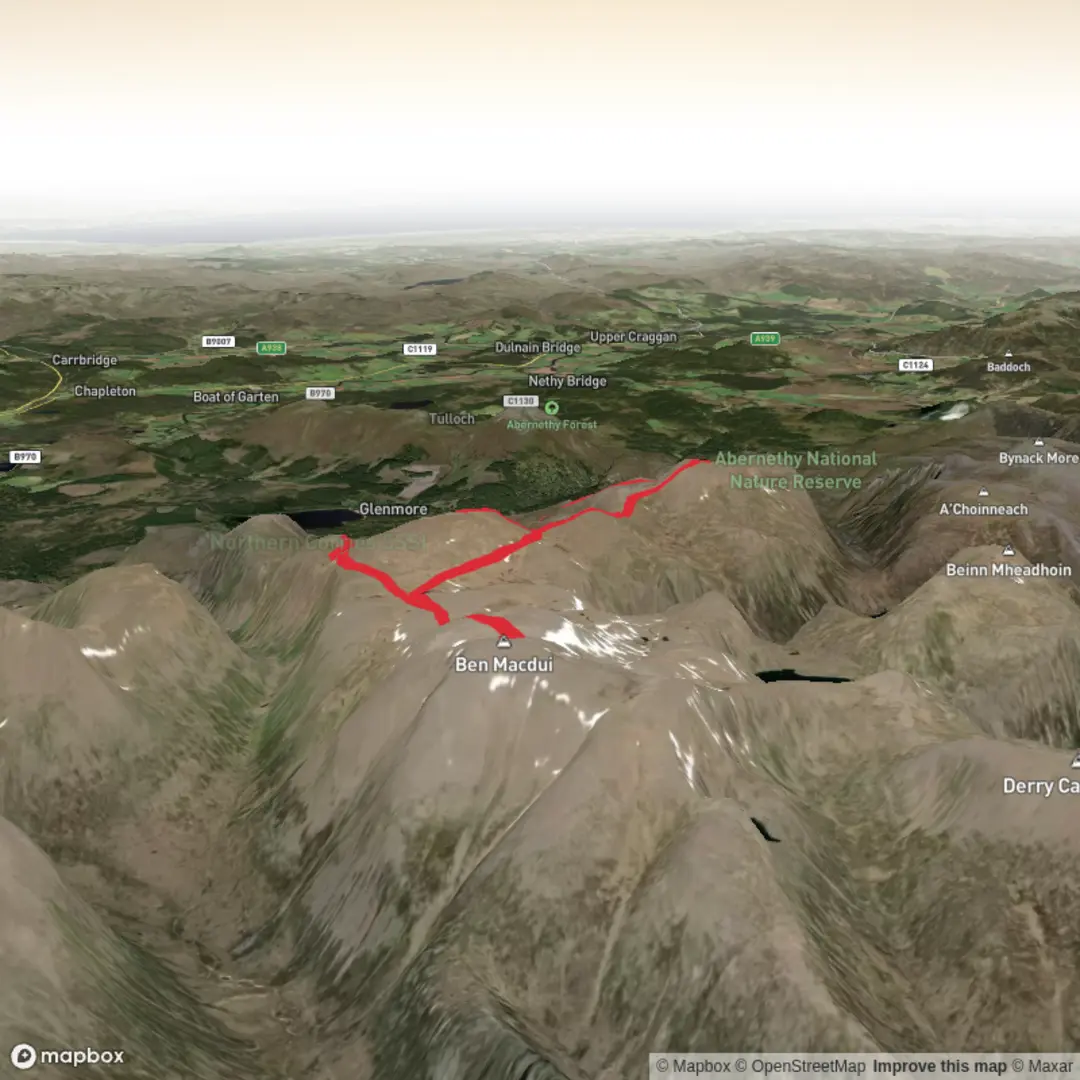 An image depicting the trail Cairngorm, Cairn Lochan and Ben Macdui Loop and its surrounding area.