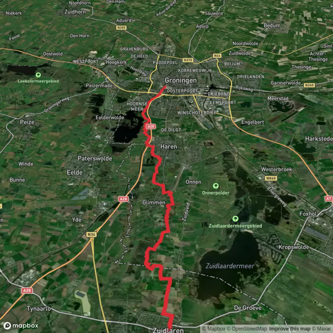 An image depicting the trail Zuidlaren to Groningen via Wolddeelen and Noordlaarder Bosch and its surrounding area.