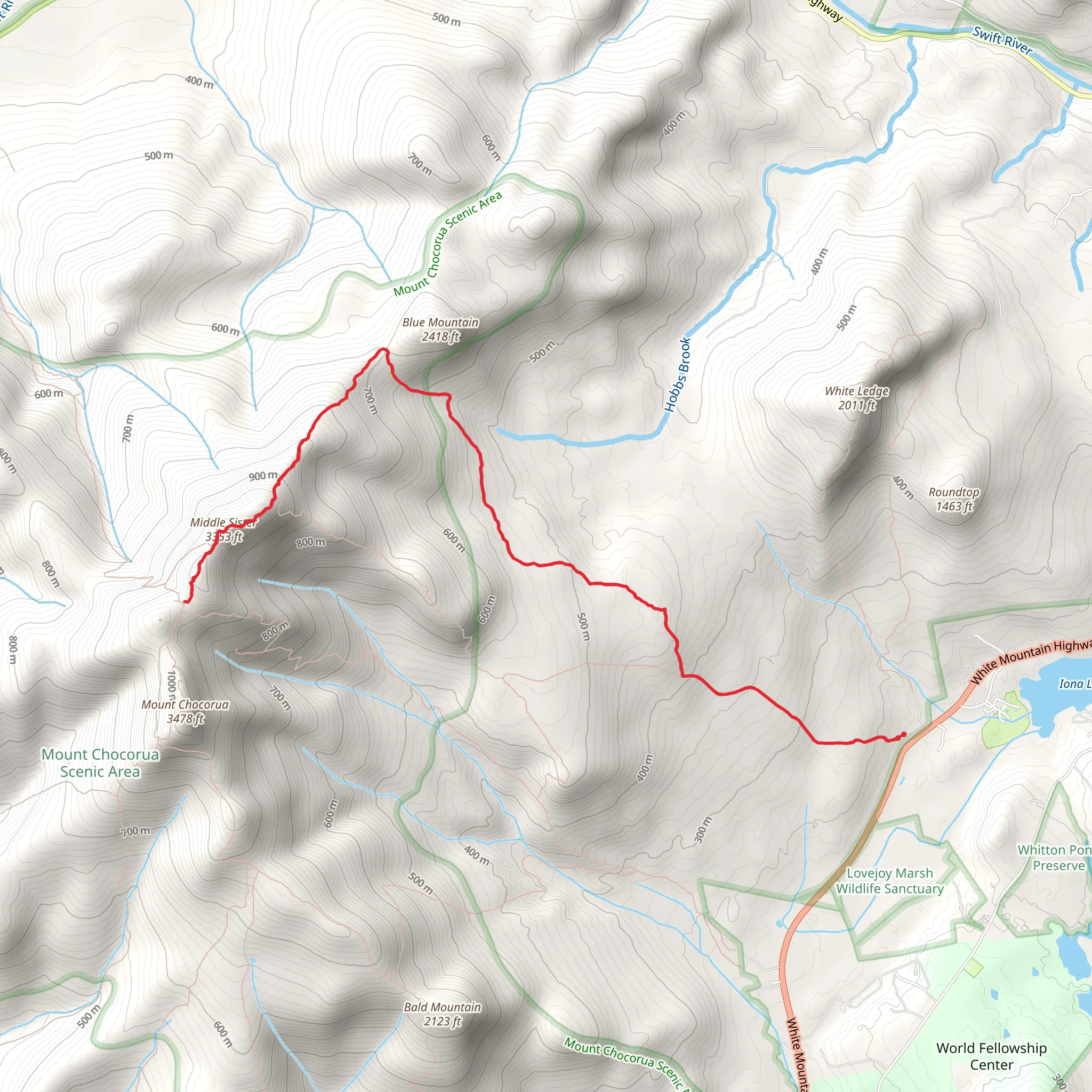 Middle Sister Trail via Carter Ledge Trail mobile static map