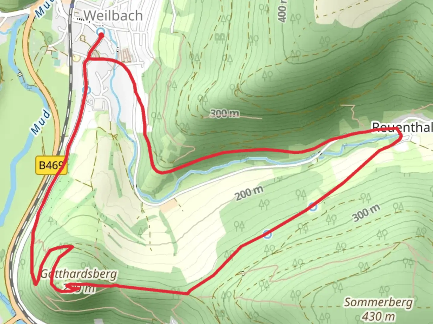 An image depicting the trail Gotthardsruine Loop from Weilbach and its surrounding area.