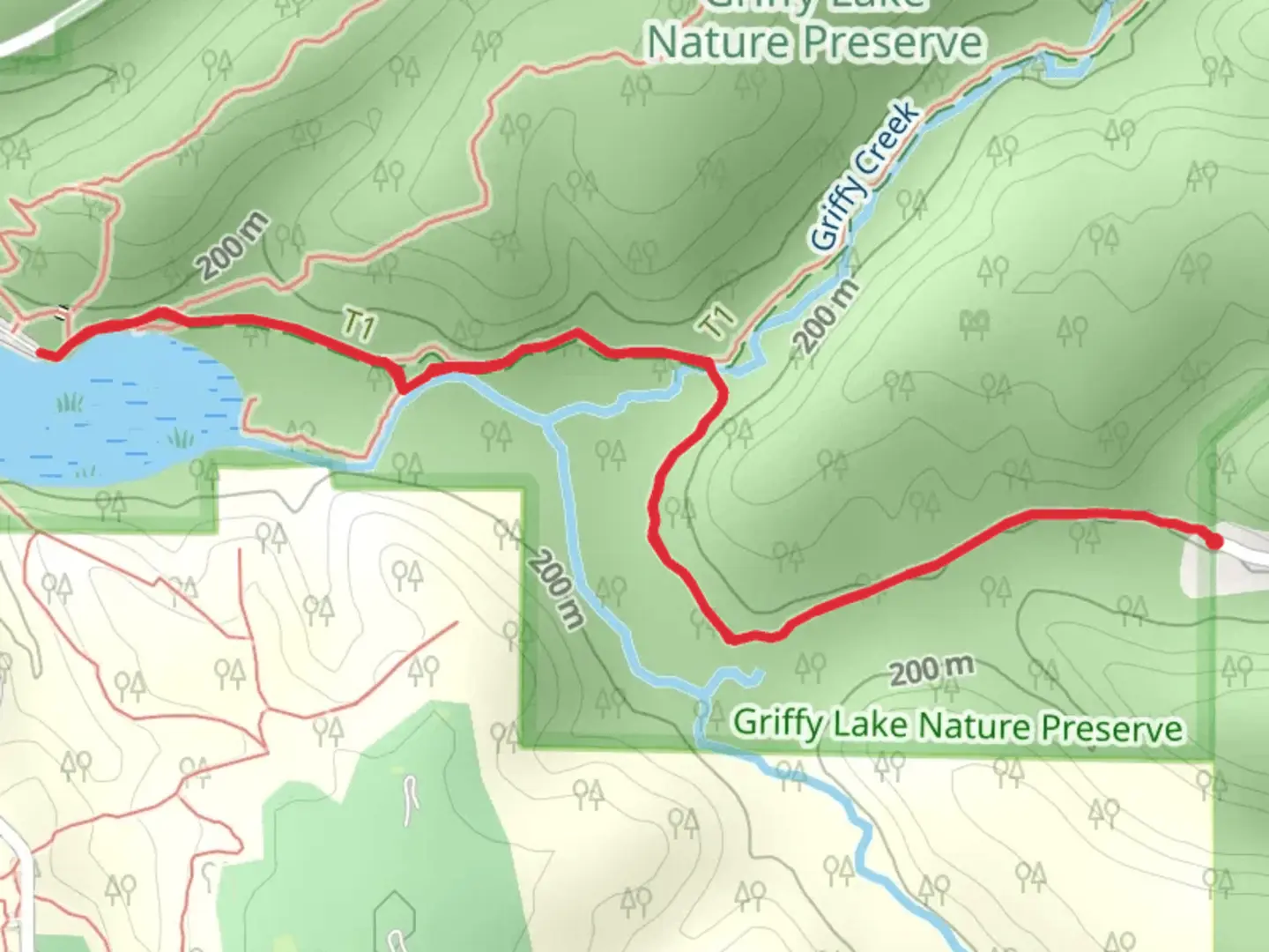 An image depicting the trail Griffy Reservoir via Lanam Trail and its surrounding area.