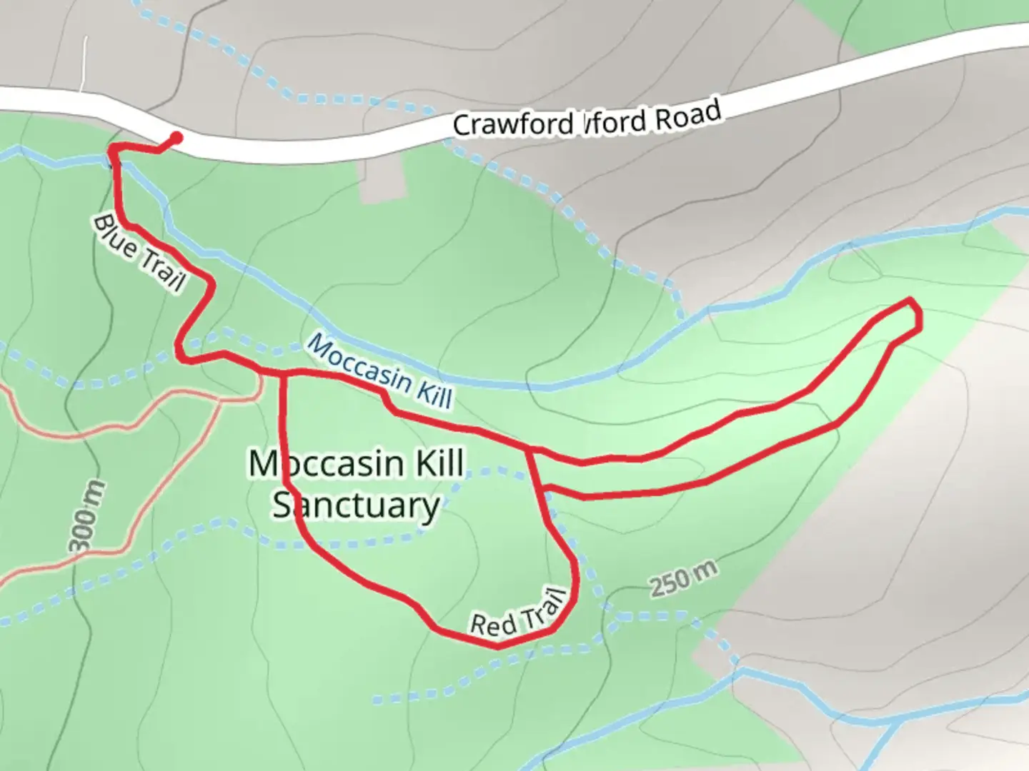 An image depicting the trail Blue Trail and Red Trail Loop - Moccasin Kill Sanctuary Loop and its surrounding area.