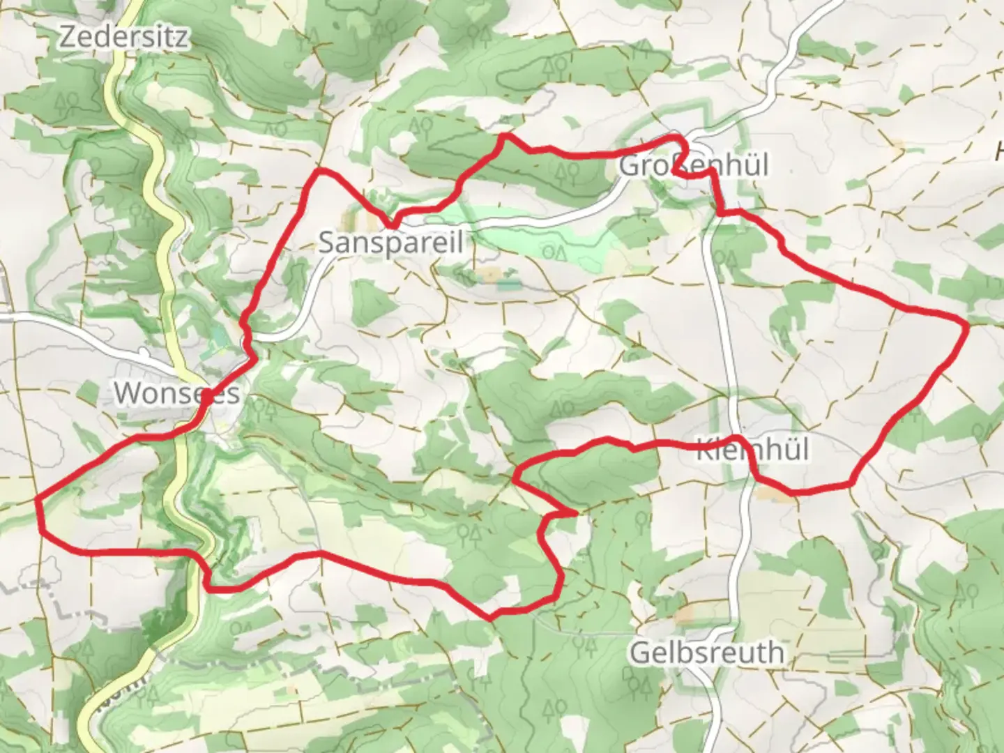 An image depicting the trail Huel und Linden Runde Wonsees and Roter Ring and its surrounding area.