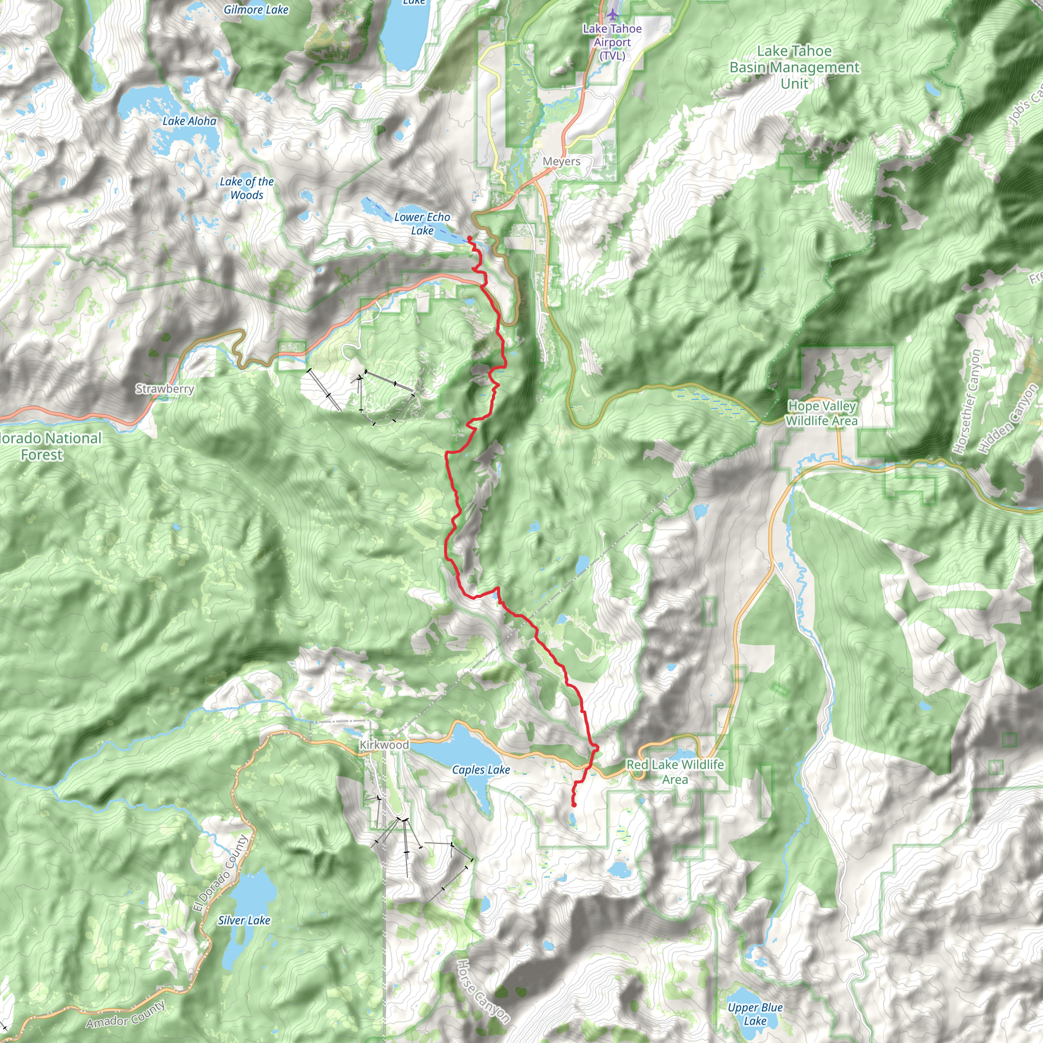 Woods Lake to Lower Echo Lake via Tahoe Rim Trail mobile static map