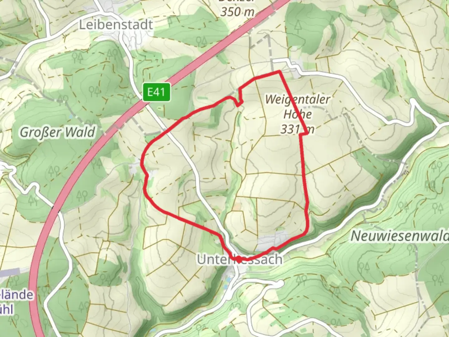 An image depicting the trail Weigentaler Höhe Loop and its surrounding area.