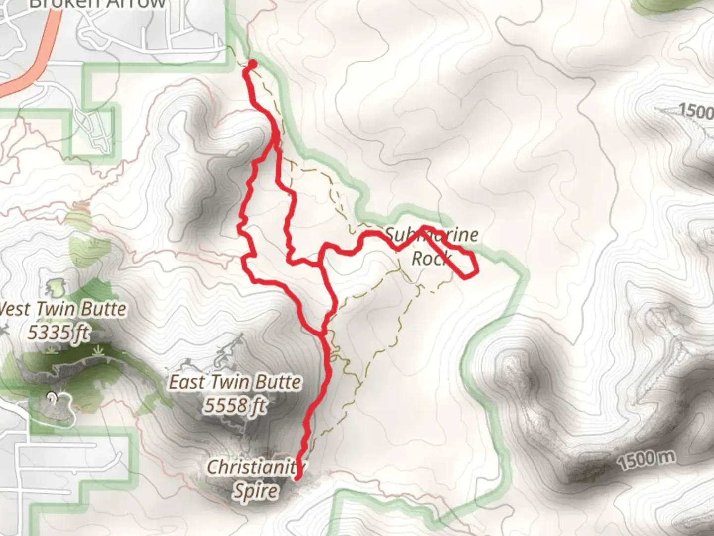 An image depicting the trail Twin Buttes, Broken Arrow and Submarine Rock Loop Trail and its surrounding area.
