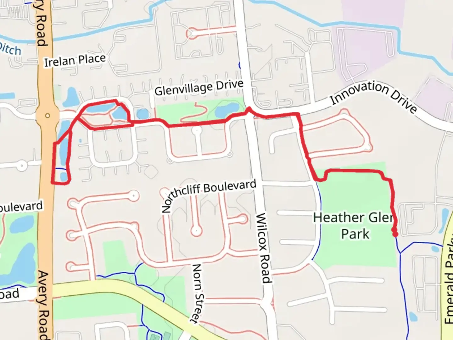 An image depicting the trail Heather Glen Park and Heather Glen North Park and its surrounding area.