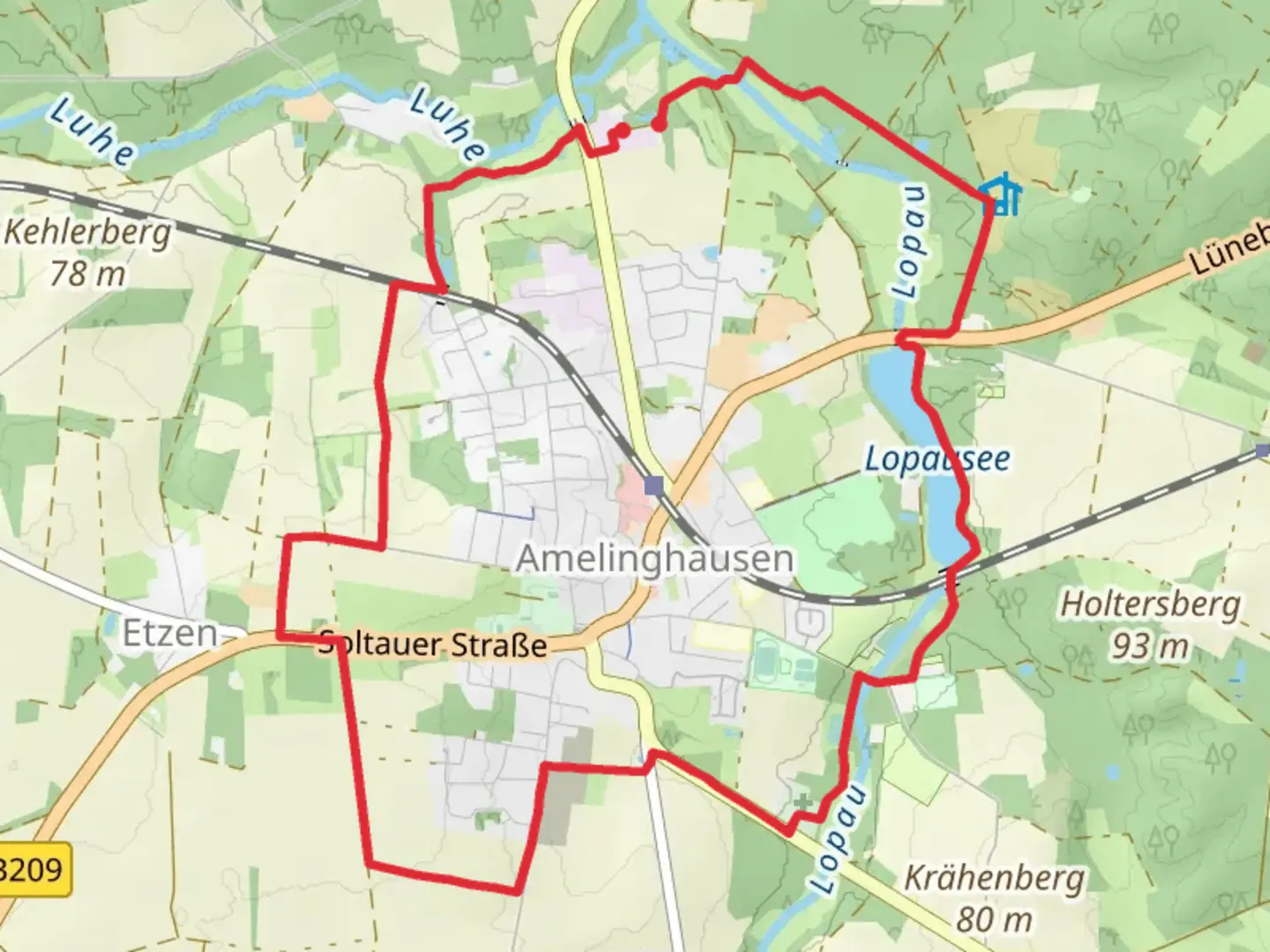 An image depicting the trail Lopausee via Koeniginnen Weg and its surrounding area.