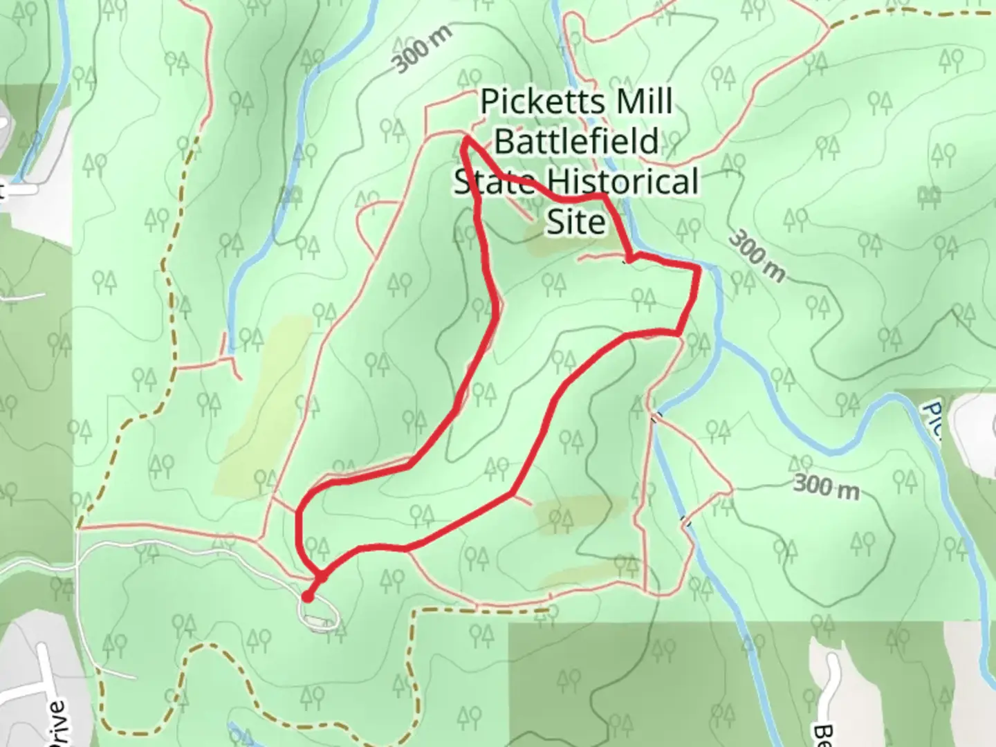 An image depicting the trail Picketts Mill Battlefield - Red, White and Blue Trail and its surrounding area.
