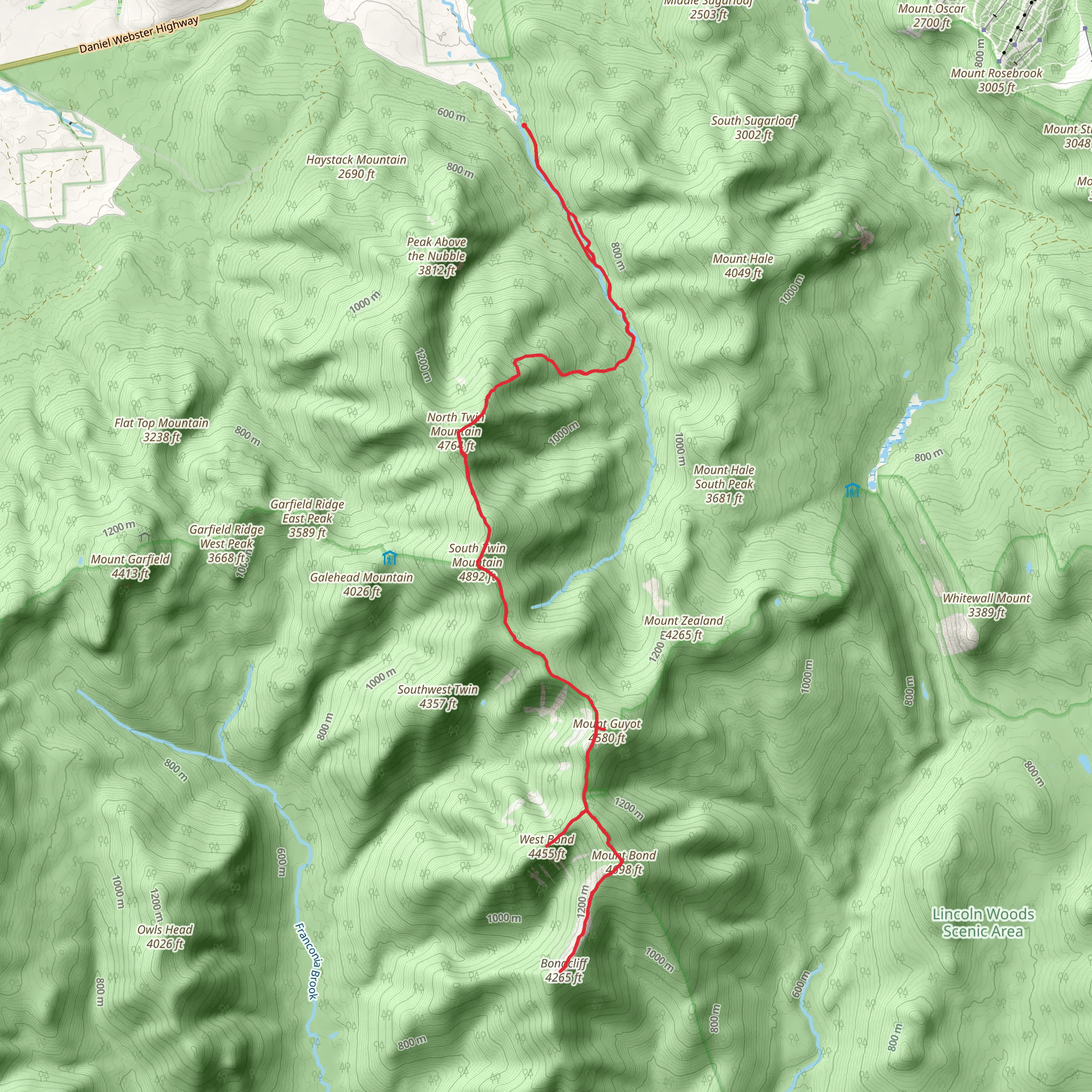 Bondcliff and Mount Bond via North Twin Trail mobile static map