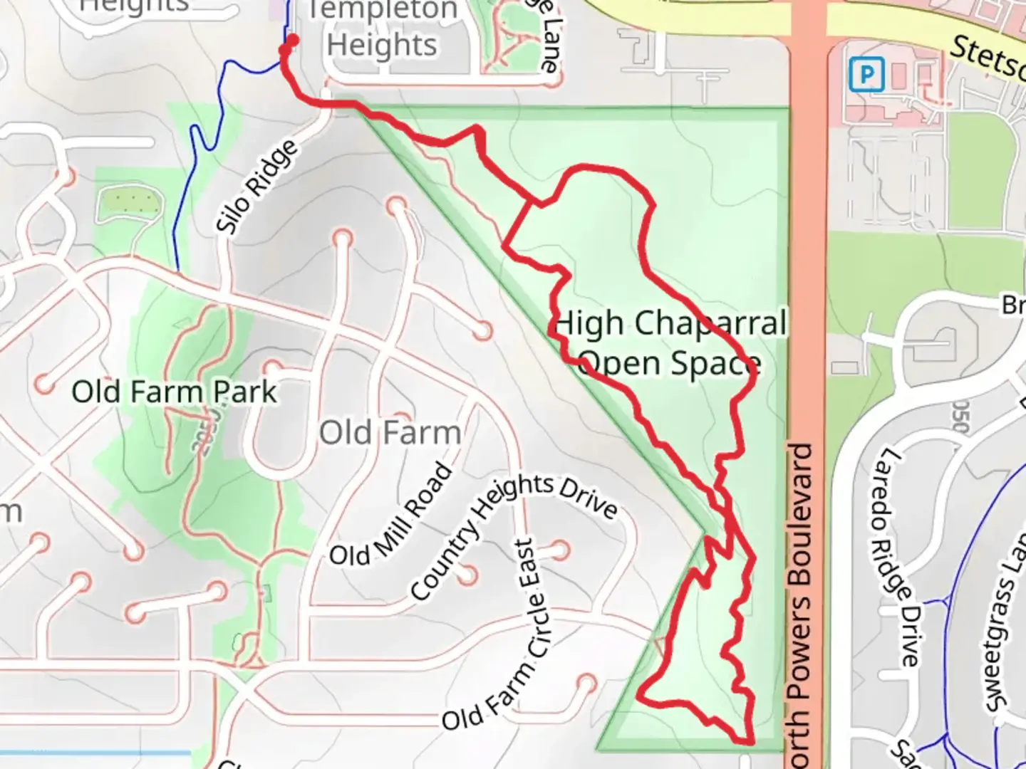 An image depicting the trail High Chaparral Open Space via Prairie Trail and its surrounding area.