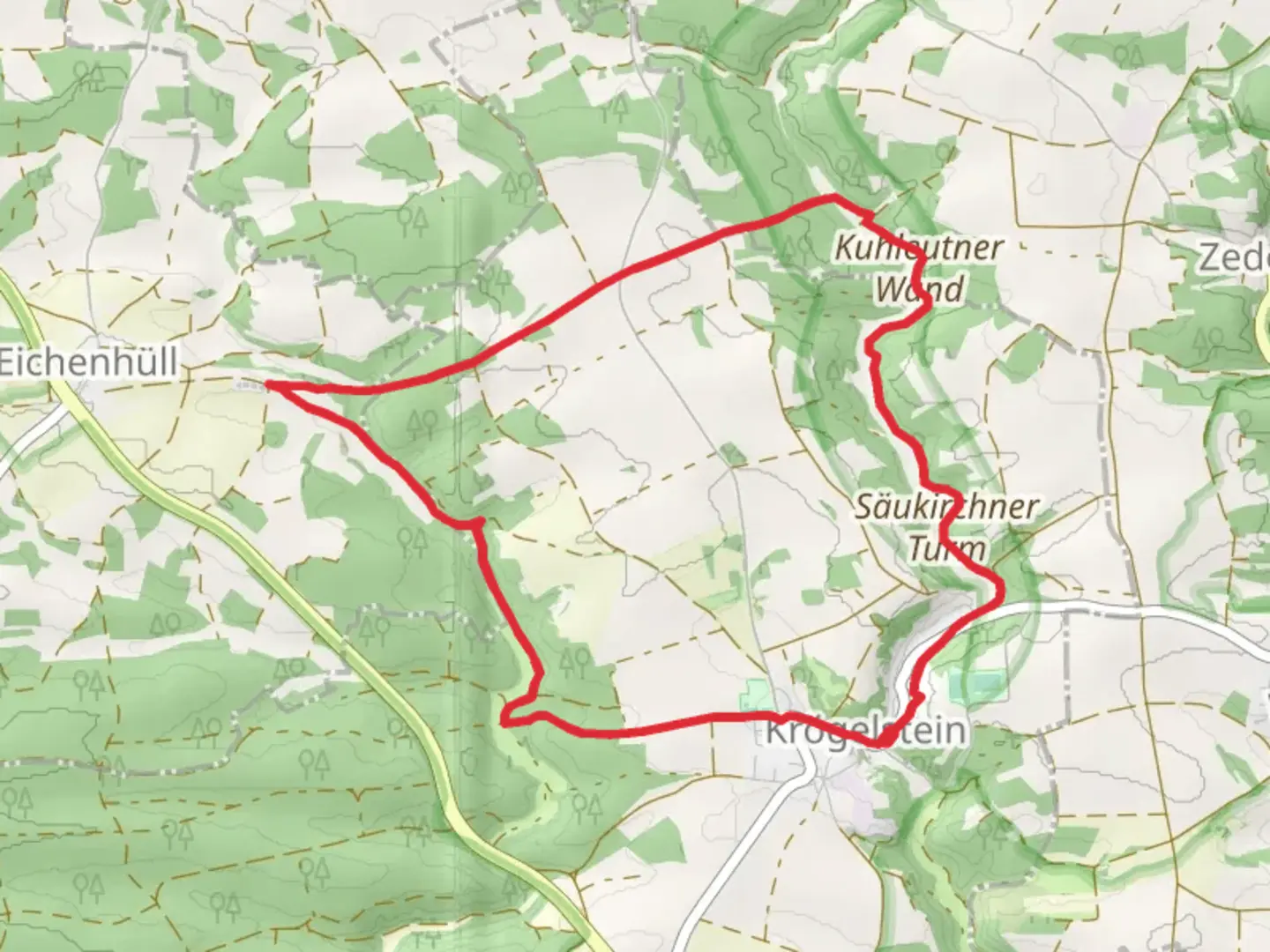 An image depicting the trail Krögelstein Loop and its surrounding area.