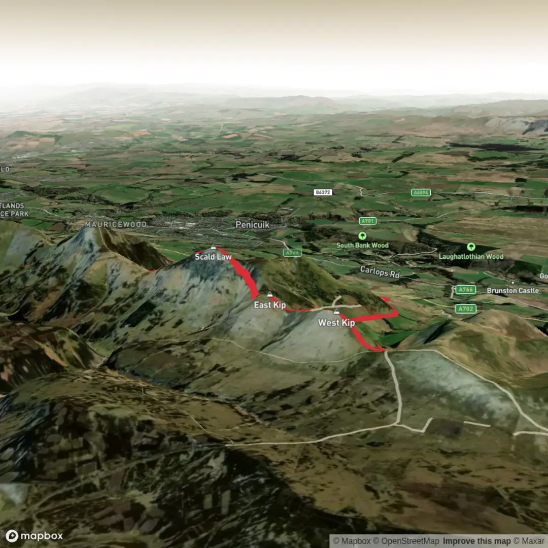 An image depicting the trail Scald Law, East Kip and West Kip Loop and its surrounding area.