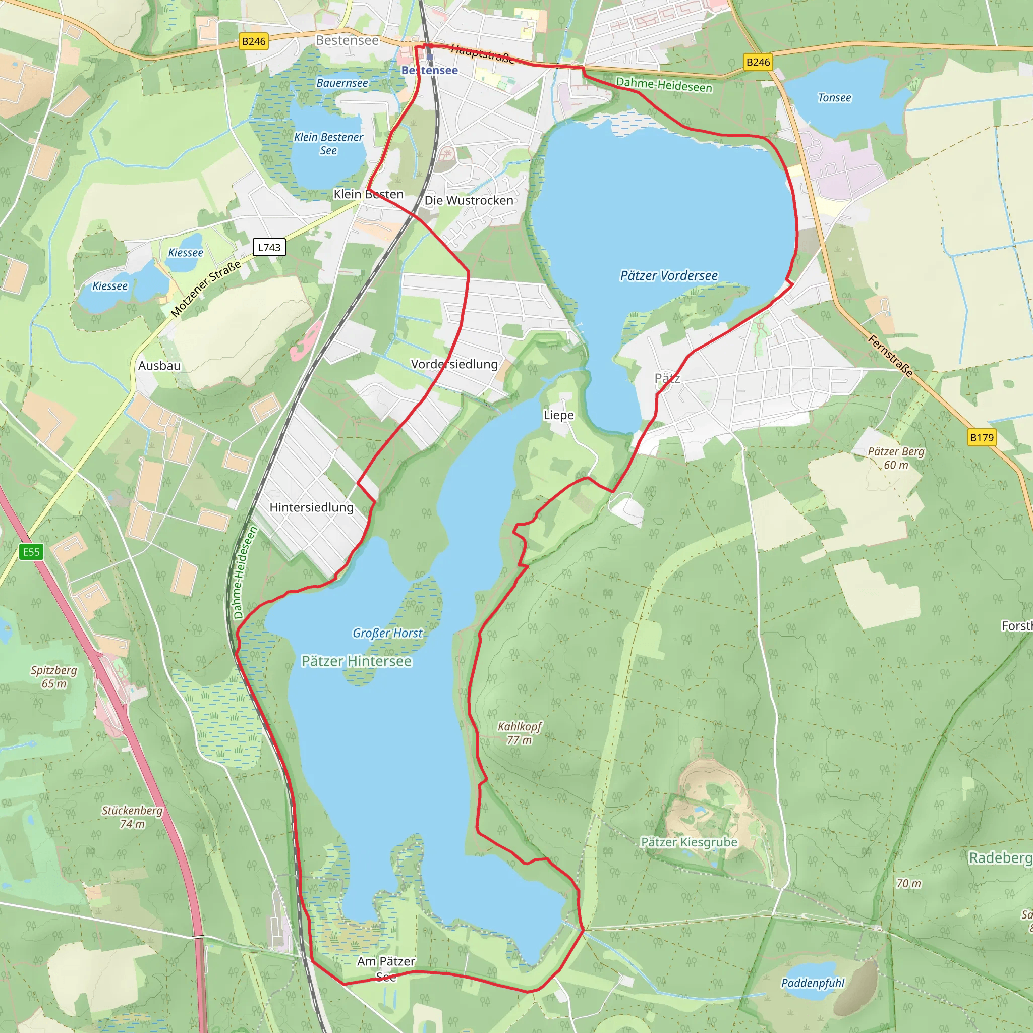 Patzer Vordersee Loop from Bestensee mobile static map