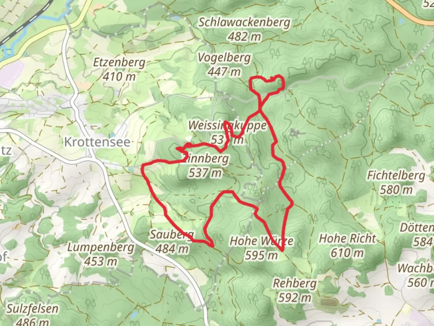 An image depicting the trail Weissingkuppe via Exkursionspfad and Neuhaus-Zantberg and its surrounding area.