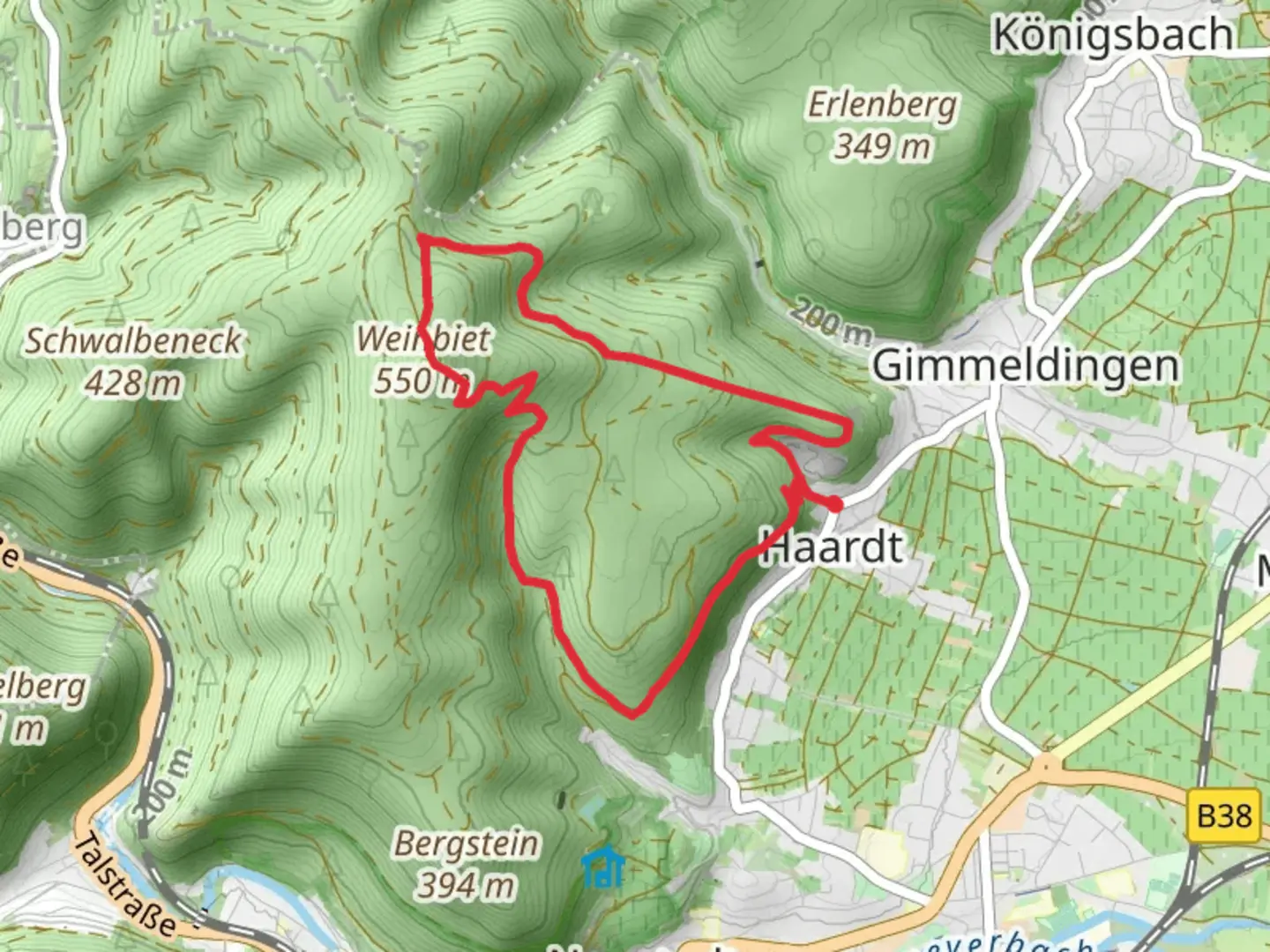 An image depicting the trail Weinbiet via Pfaelzerwald Wanderweg Blauer Punkt and Saar Pfalz Weg and its surrounding area.