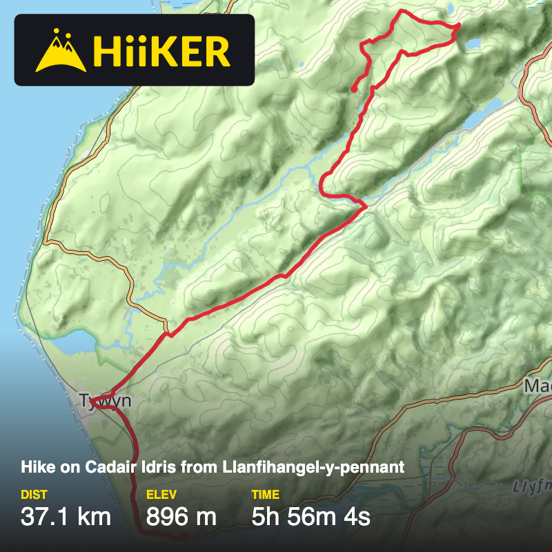 A map preview of the recording Hike on Cadair Idris from Llanfihangel-y-pennant.