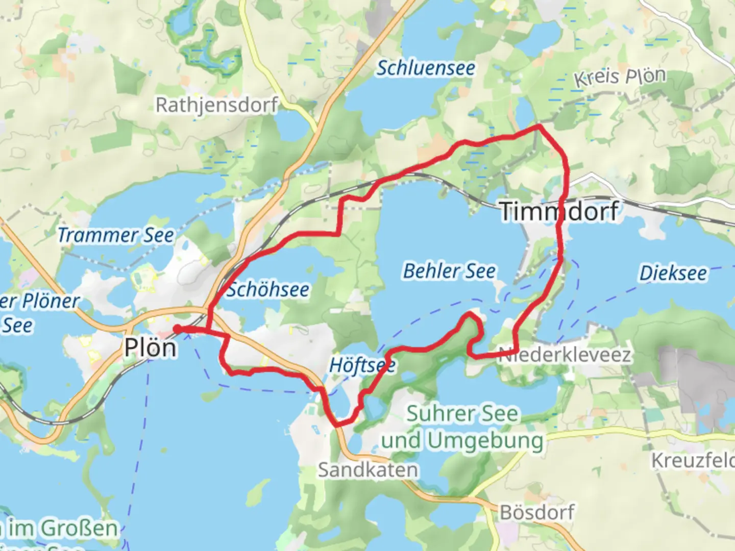 An image depicting the trail Schohsee and Behler See Loop - Plon and its surrounding area.