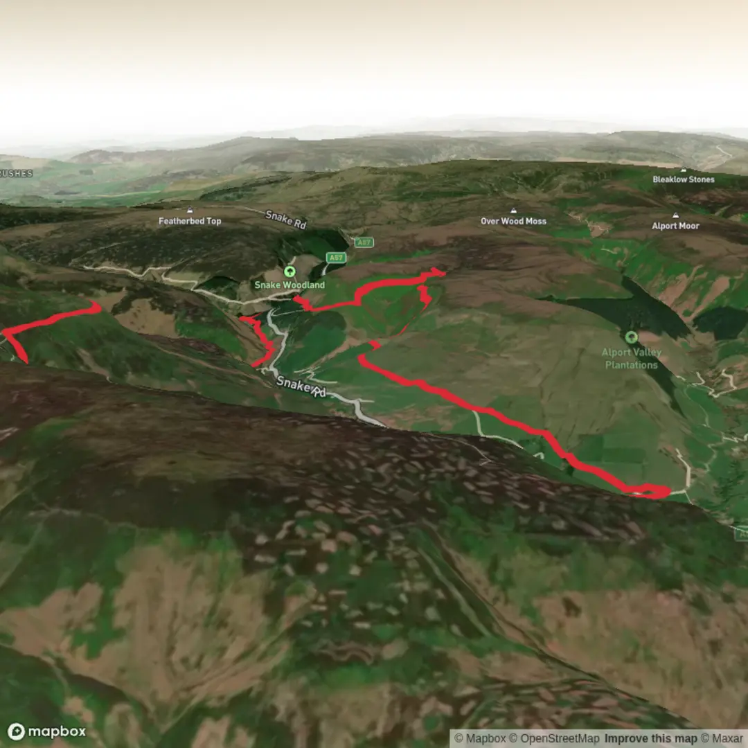 An image depicting the trail Peak district - snake pass - oyster cabin and its surrounding area.