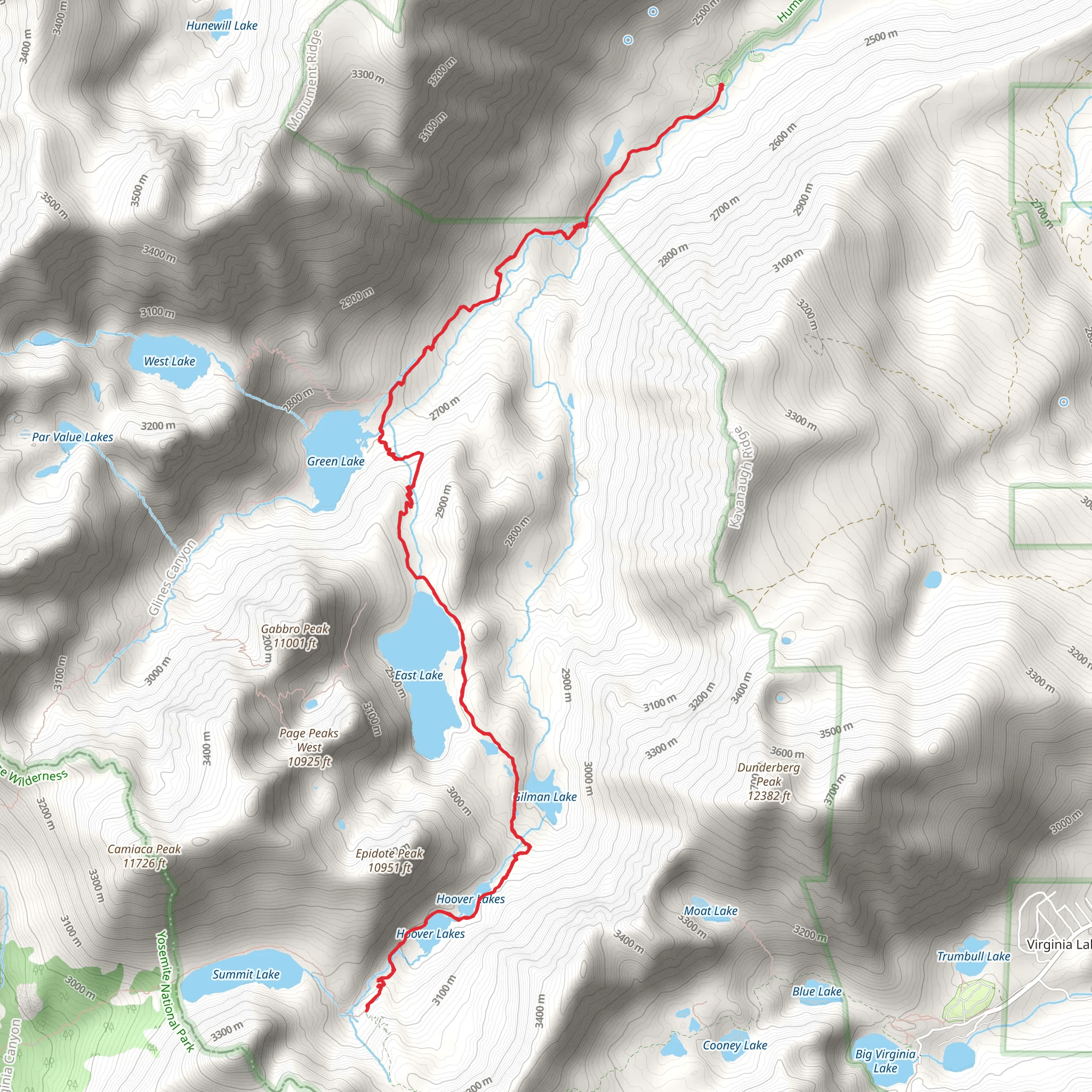 East Lake and Hoover Lakes via Green Creek Trail mobile static map