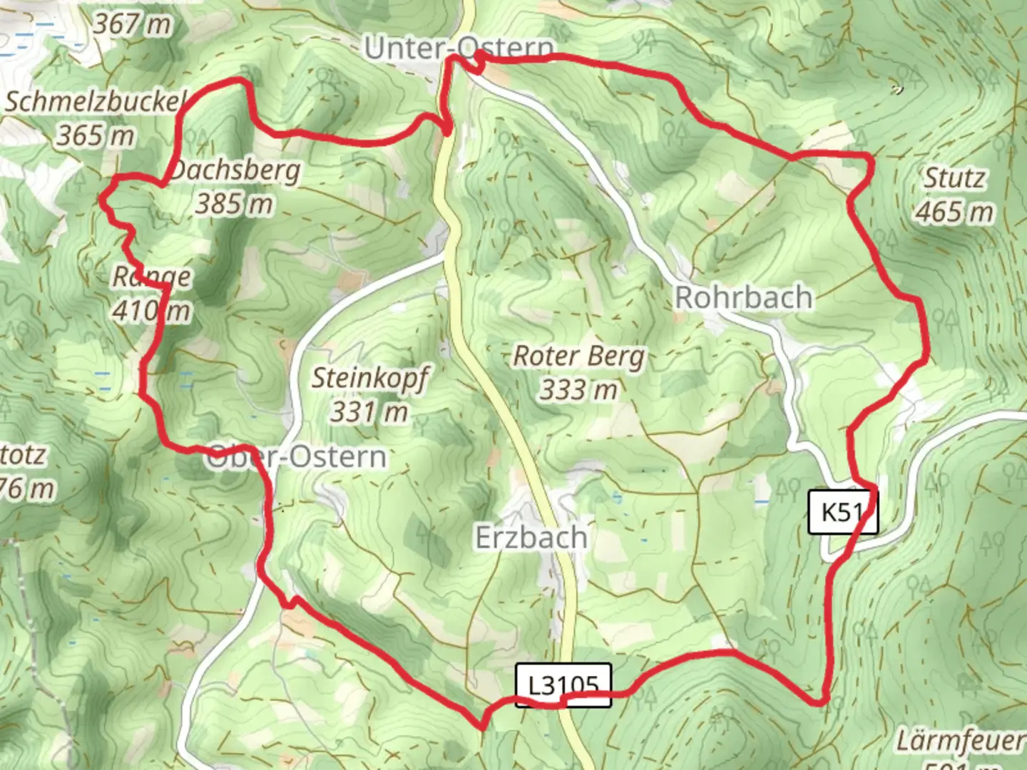 An image depicting the trail Rundwanderweg Ostern and Hessenweg and its surrounding area.