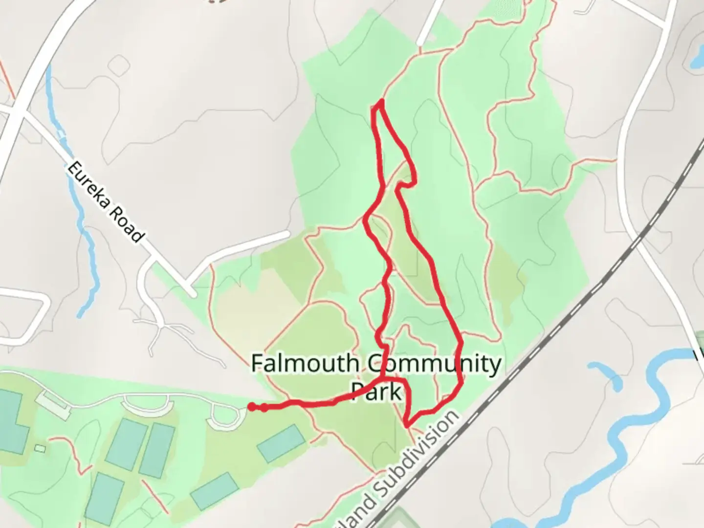 An image depicting the trail Cross Falmouth Trail Loop and its surrounding area.