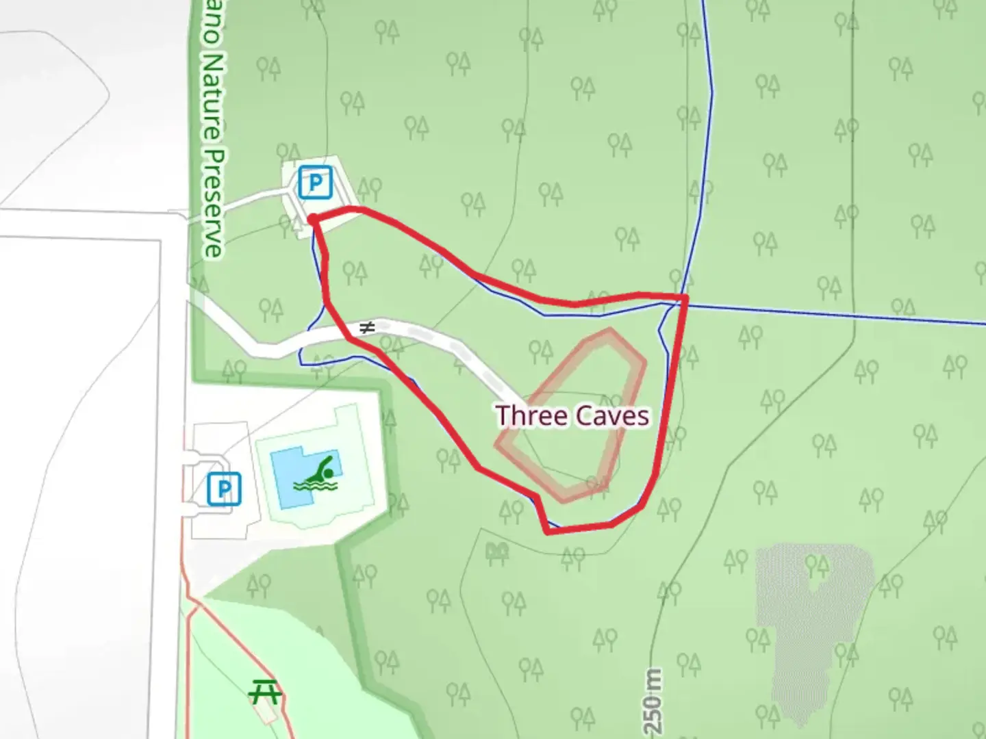 An image depicting the trail Three Caves Loop and its surrounding area.