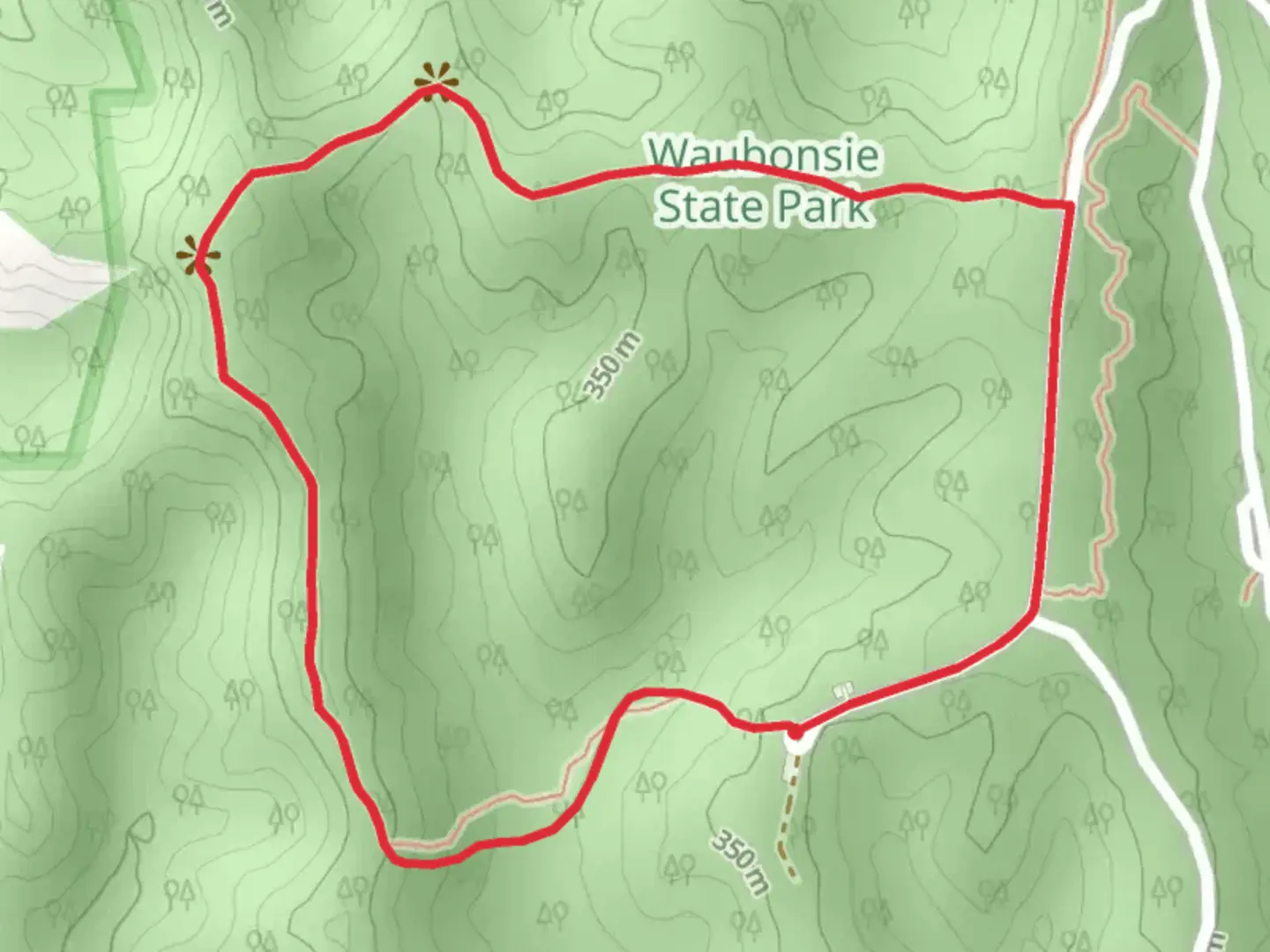 An image depicting the trail Waubonsie State Park Loop and its surrounding area.