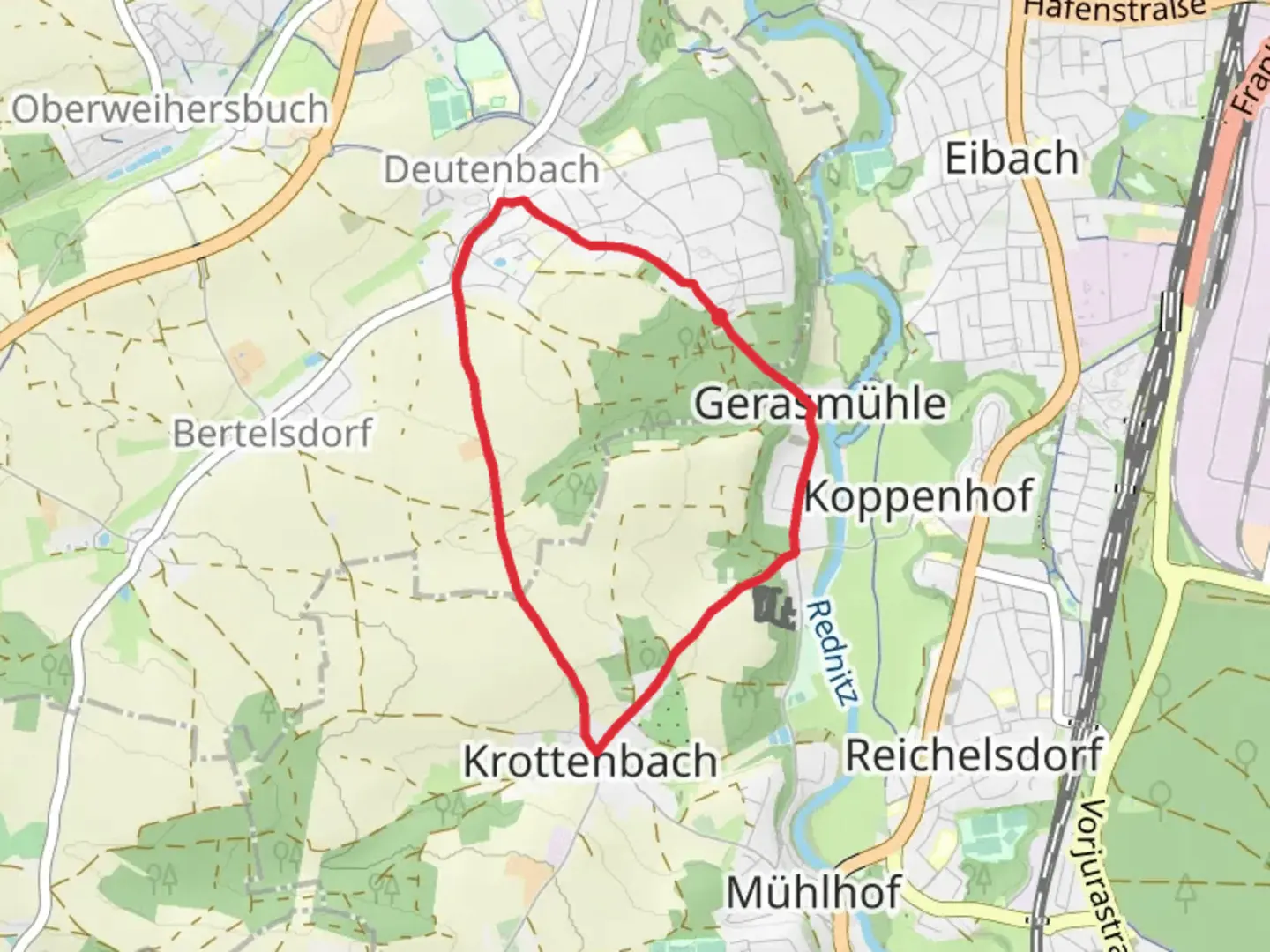 An image depicting the trail Gerasmühle Loop and its surrounding area.