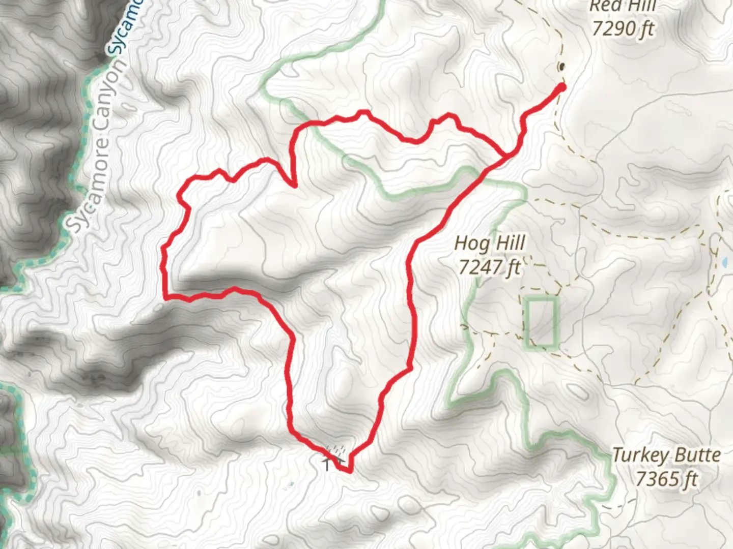 An image depicting the trail Hog Hill and Dorsey Spring Trail and its surrounding area.
