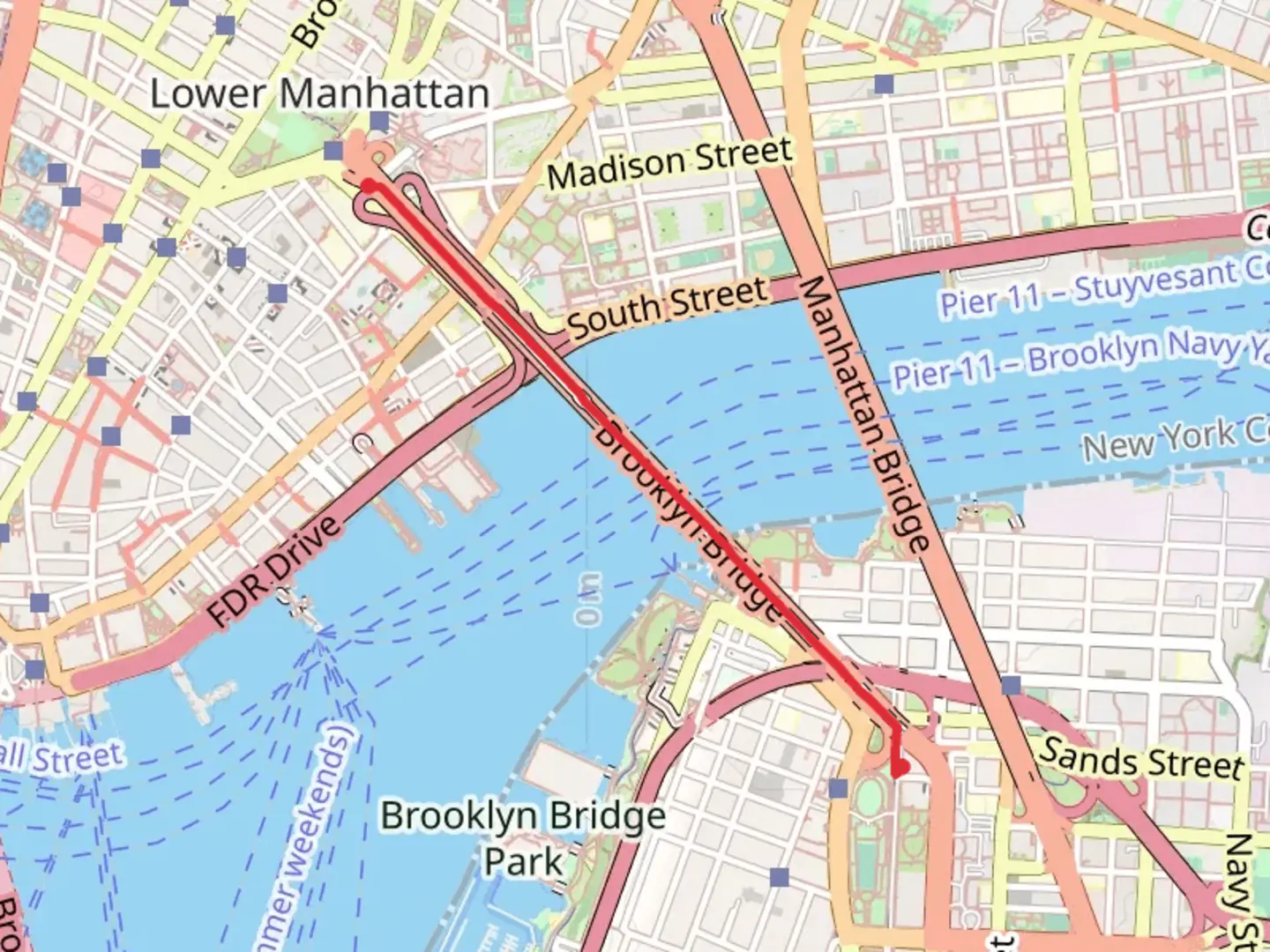 An image depicting the trail High Street to City Hall via Brooklyn Bridge and its surrounding area.