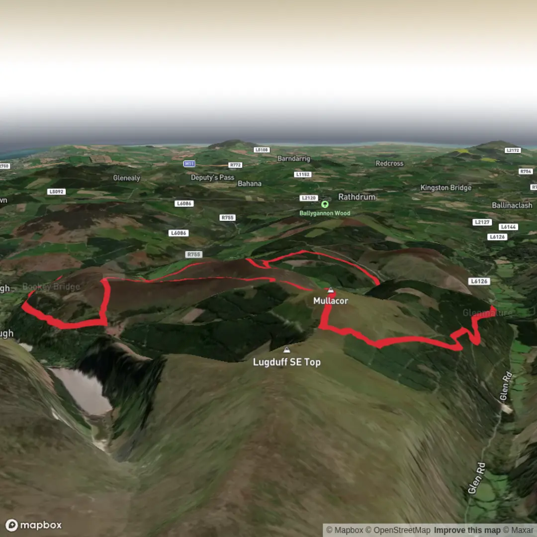 An image depicting the trail Laragh Orange Trail to Glenmalue via Mulacor and Back and its surrounding area.