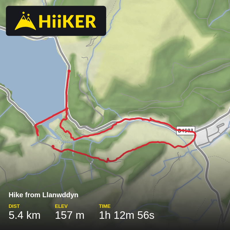 A map preview of the recording Hike from Llanwddyn.