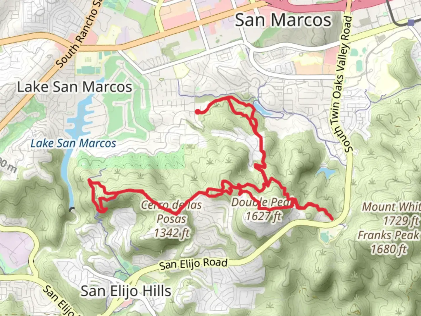 An image depicting the trail Double Peak via Cerro De Las Posas Ridgeline Trail and its surrounding area.