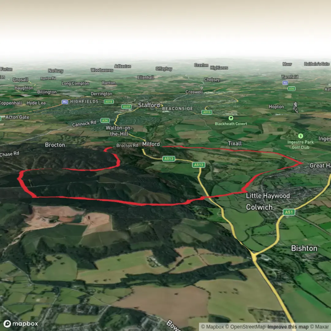 An image depicting the trail Tixall Lock, Beggar's Hill and Devil's Dumble Loop and its surrounding area.