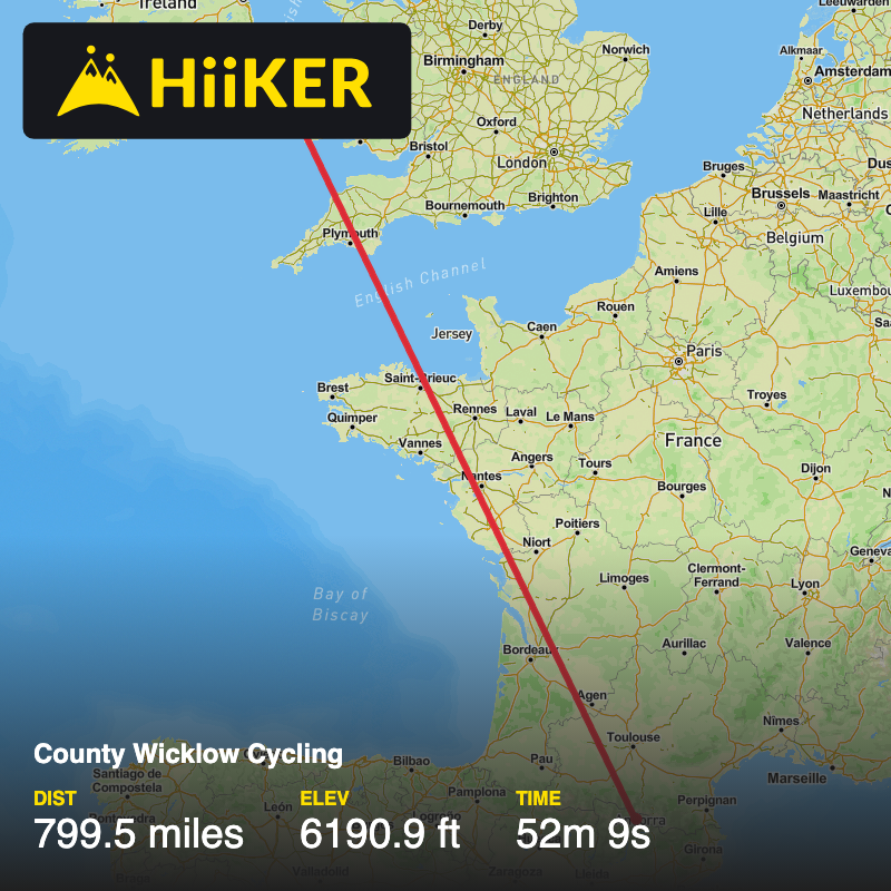 A map preview of the recording County Wicklow Cycling.