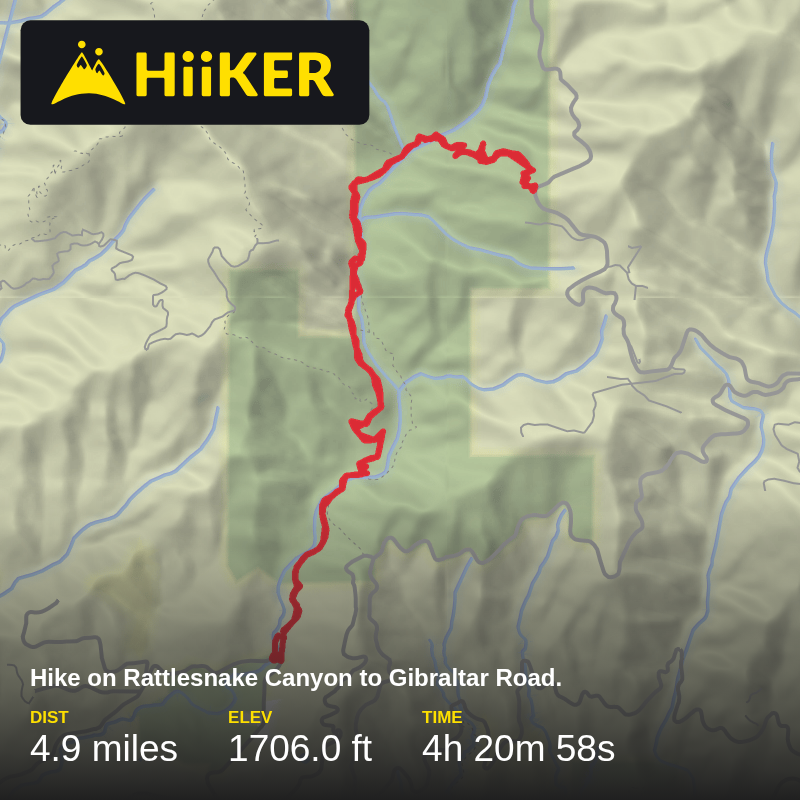 A map preview of the recording Hike on Rattlesnake Canyon to Gibraltar Road..