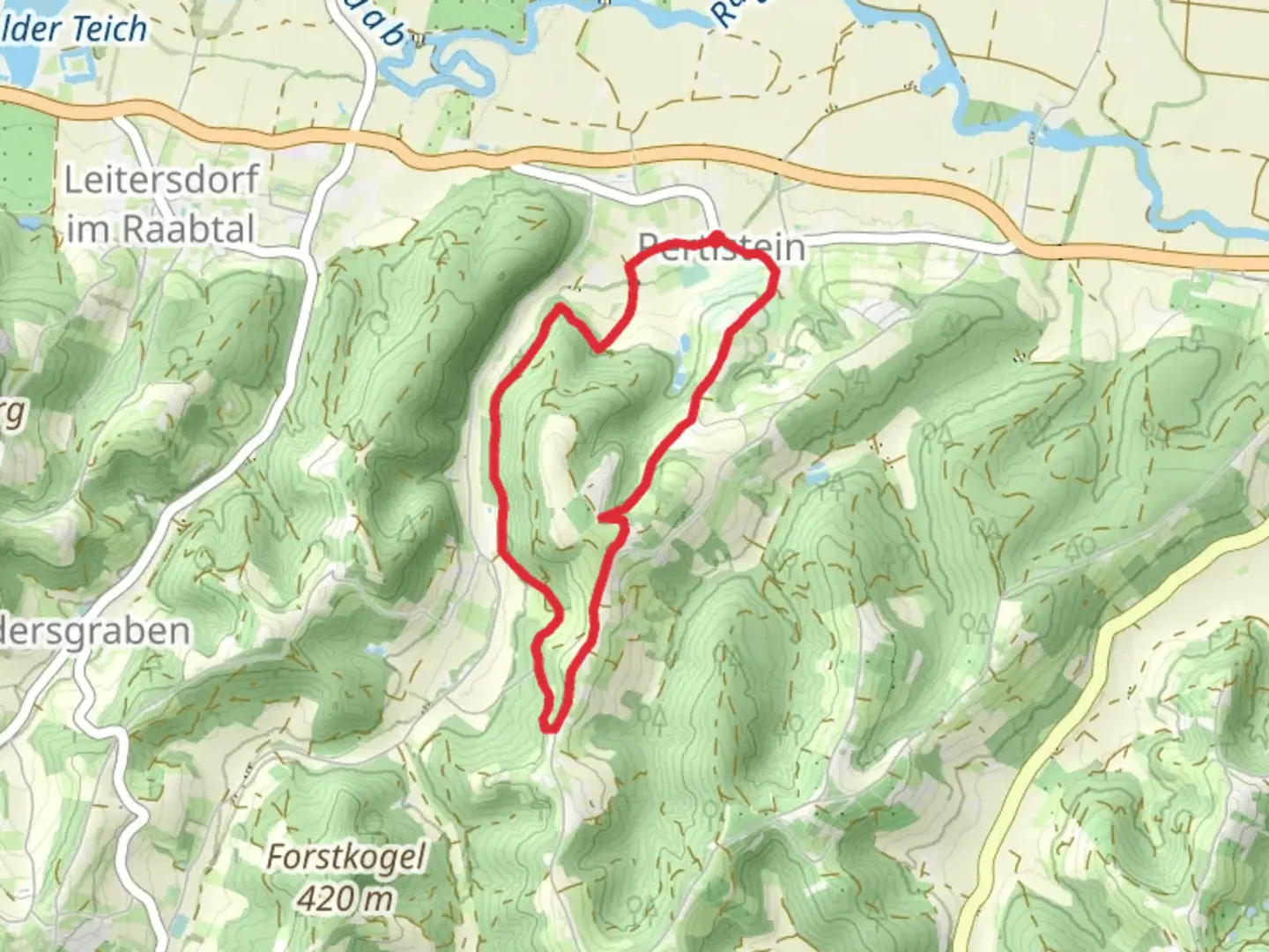 An image depicting the trail Pertlstein Loop Path and its surrounding area.