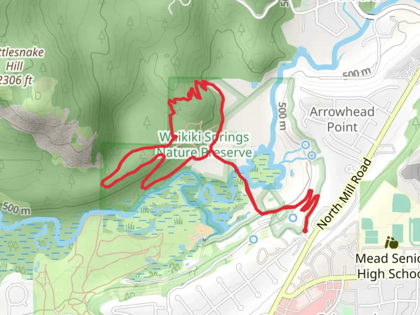An image depicting the trail Waikiki Springs Nature Preserve Loop and its surrounding area.