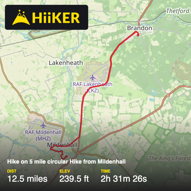 A map preview of the recording Hike on 5 mile circular Hike from Mildenhall.