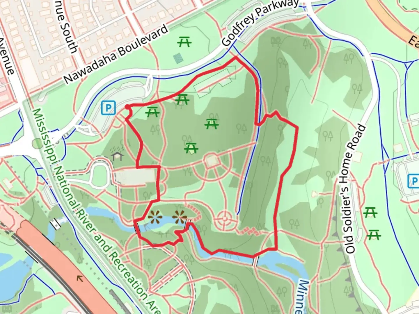An image depicting the trail Minnehaha Falls and Minnehaha Creek Loop and its surrounding area.