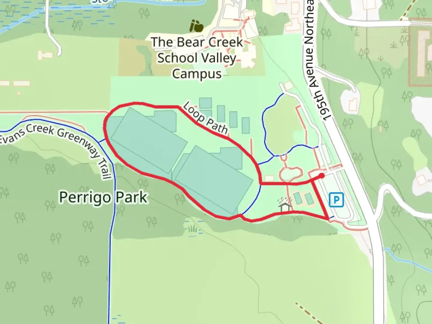 An image depicting the trail Field 1 and 2 Loop and its surrounding area.
